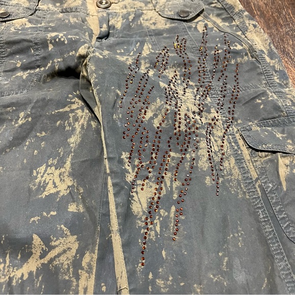 Vintage baggy cargo pants Y2K camo print rhinestones green gray 0 mid rise - Picture 13 of 15